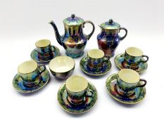 Art Deco Maling lustre coffee set decorated in the Plum and Orchid pattern, no. 3449 comprising coff