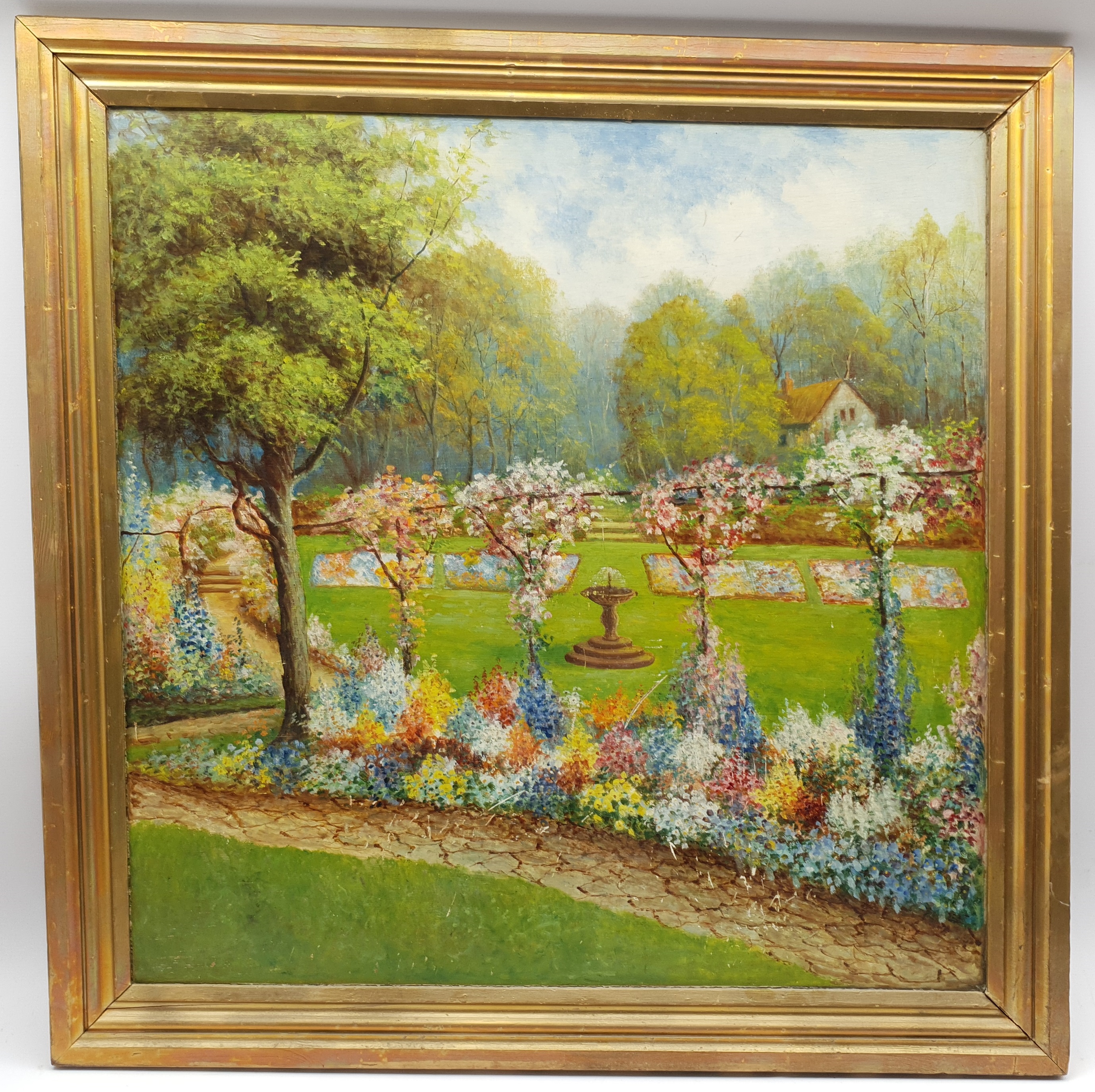 English School (20th century): Country Garden, oil on panel unsigned 80cm x 80cm - Image 2 of 2