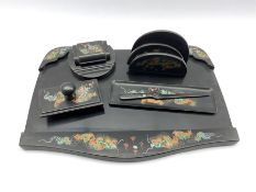20th century Chinese black lacquer desk set hand-painted with Dragons chasing a flaming pearl amidst