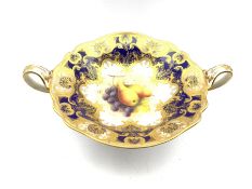 Royal Worcester porcelain twin-handled comport painted by Albert Shuck, signed, with grapes and pear