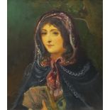 Spanish School (19th century): Lady in a Cloak Holding Playing Cards, oil on canvas unsigned, inscri