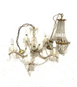 Venetian style glass five branch electrolier hung with lustre drops H43cm and a gilt metal ceiling l