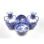 Pair of Copeland Spode's Italian pattern blue and white two handled baluster vases H27cm and a pair