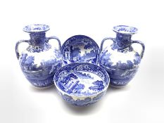 Pair of Copeland Spode's Italian pattern blue and white two handled baluster vases H27cm and a pair