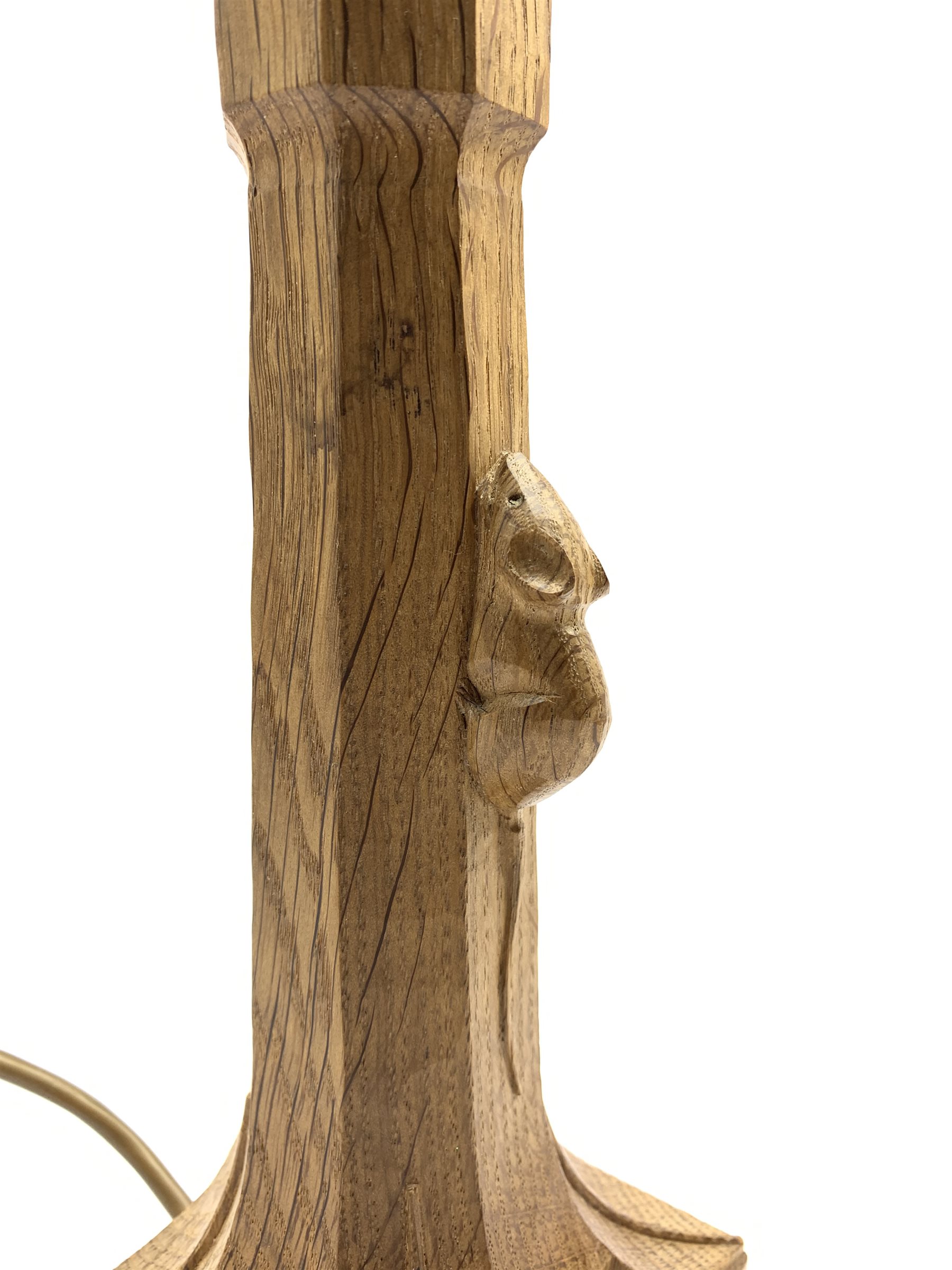 Thompson of Kilburn 'Mouseman' adzed oak table lamp with octagonal stem on a leaf carved square base - Image 3 of 5