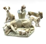 Lladro Afghan hound H12cm, Lladro Bassett hound, two other Lladro dogs and a large Nao group of a ho