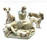 Lladro Afghan hound H12cm, Lladro Bassett hound, two other Lladro dogs and a large Nao group of a ho