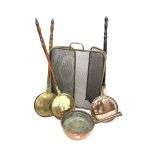 Victorian copper pan D32cm, three engraved brass warming pans and a brass and wire mesh folding spar