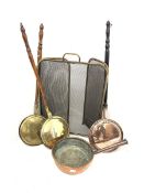 Victorian copper pan D32cm, three engraved brass warming pans and a brass and wire mesh folding spar