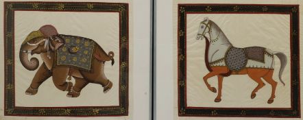 Mughal School (20th century): Horse and Elephant, pair paintings on fabric unsigned 36cm x 39cm (2)