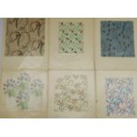 EM Ball (British mid 20th century): Six original fabric/wallpaper designs: 'Grasshoppers', 'Blackbir