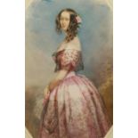 Fran�ois Th�odore Rochard (French 1798-1858): Lady in a Pink Dress Holding a Handkerchief, octagonal