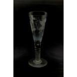 Large etched wine glass with Jacobite inspired decoration of roses and inscribed 'Fiat' on a cham