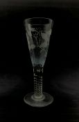 Large etched wine glass with Jacobite inspired decoration of roses and inscribed 'Fiat' on a cham