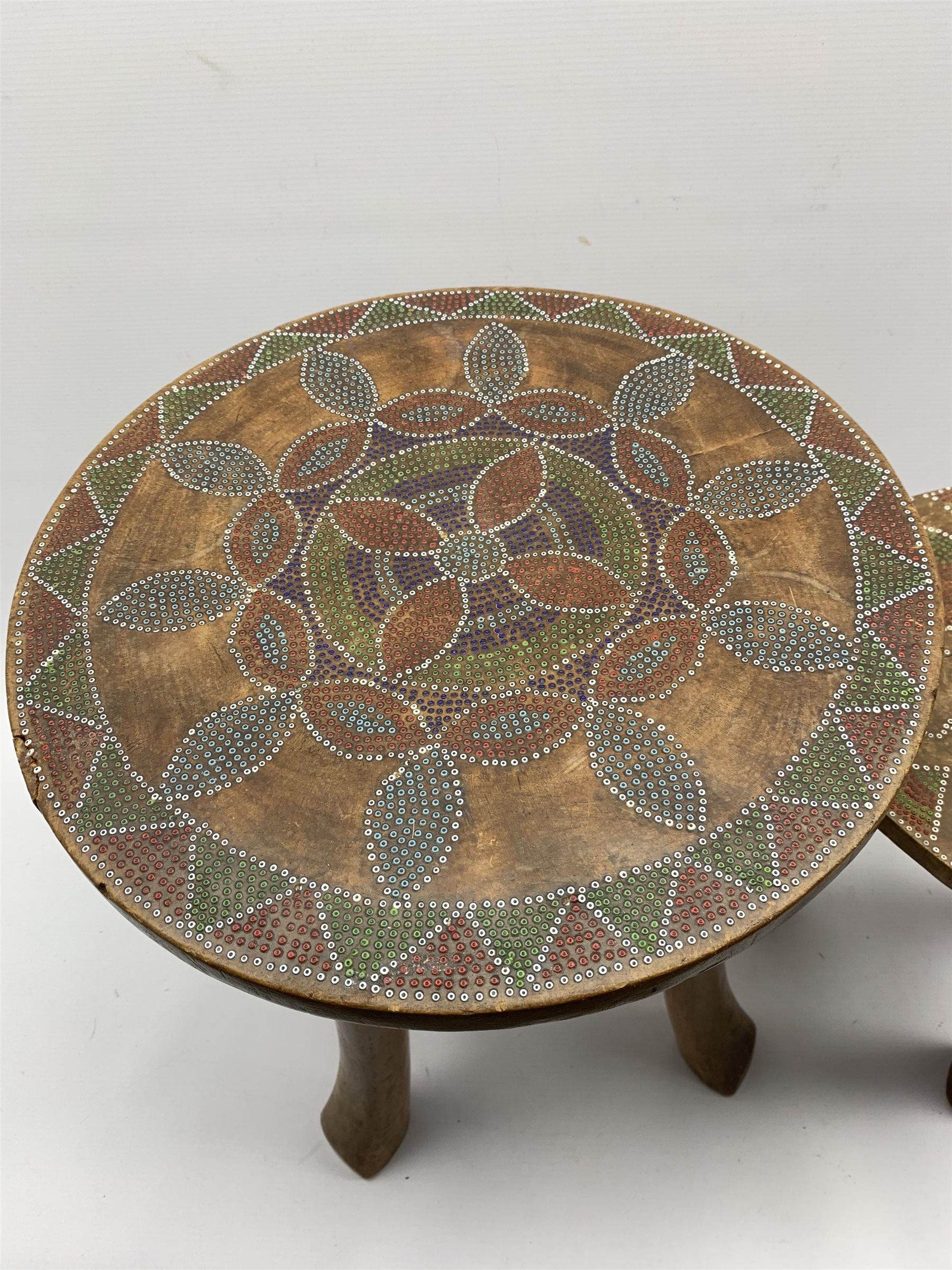 East African Kamba stool, the circular top with beaded decoration D36cm and another with animal and - Image 2 of 7