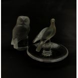 Lalique frosted glass paperweight modelled as an Owl, together with a Lalique glass pin dish, surmou