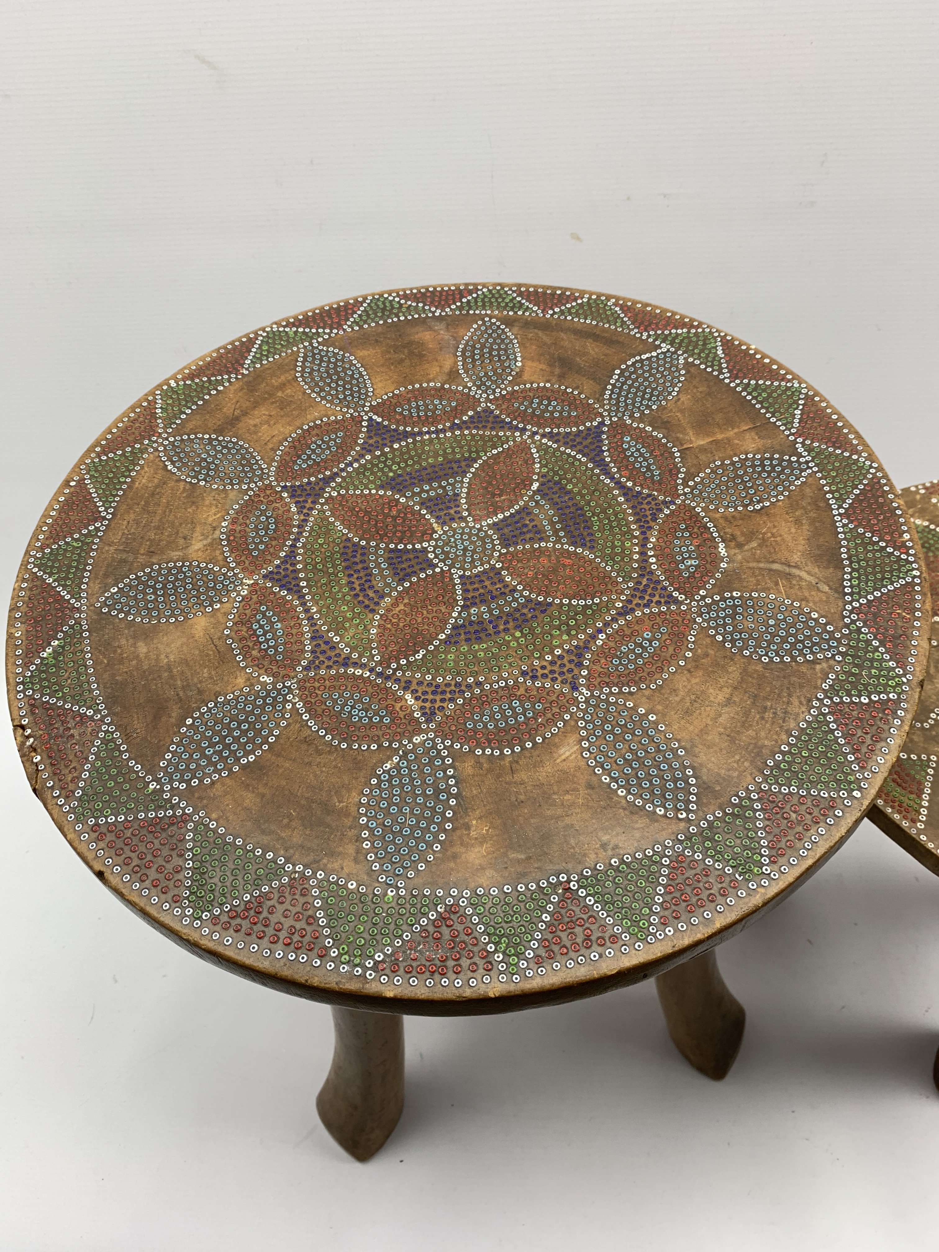 East African Kamba stool, the circular top with beaded decoration D36cm and another with animal and - Image 5 of 7