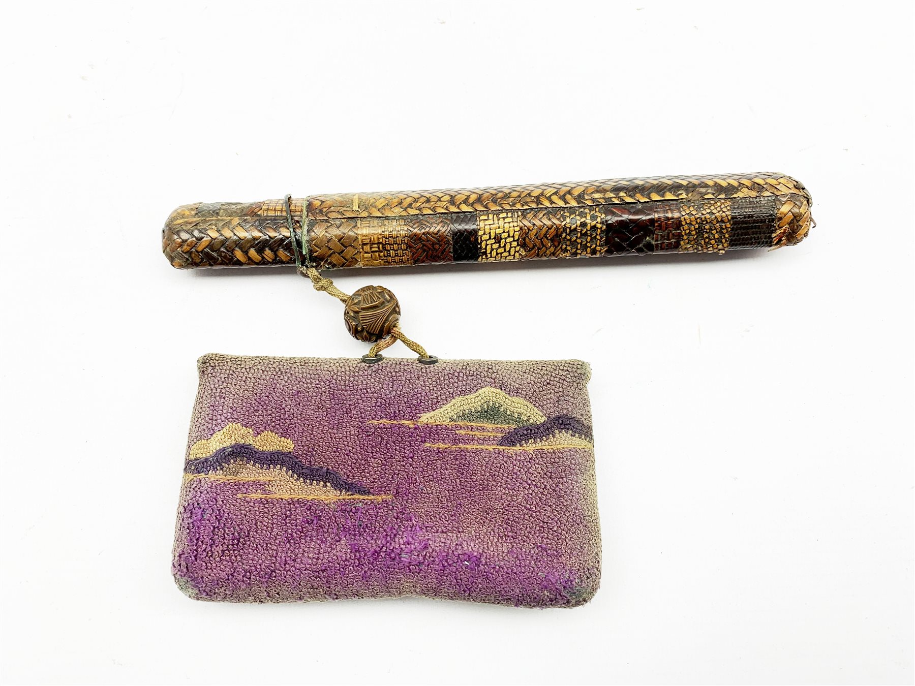 19th century Japanese embroidered tobacco pouch (tabako-ire) with bronze mae-kanagu in the form of f - Image 2 of 7