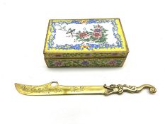 19th century Canton rectangular enamel box, the hinged cover painted with birds perched on a branch