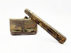 19th century Japanese embroidered tobacco pouch (tabako-ire) with bronze mae-kanagu in the form of f