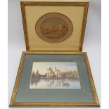 Victorian oval cork picture depicting Windsor Castle within an embossed paper surround, 29cm x 24cm