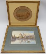 Victorian oval cork picture depicting Windsor Castle within an embossed paper surround, 29cm x 24cm
