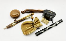 Three Japanese smoking sets comprising a leather pouch (tabako-ire) with naturalistic kiseruzutsu (p