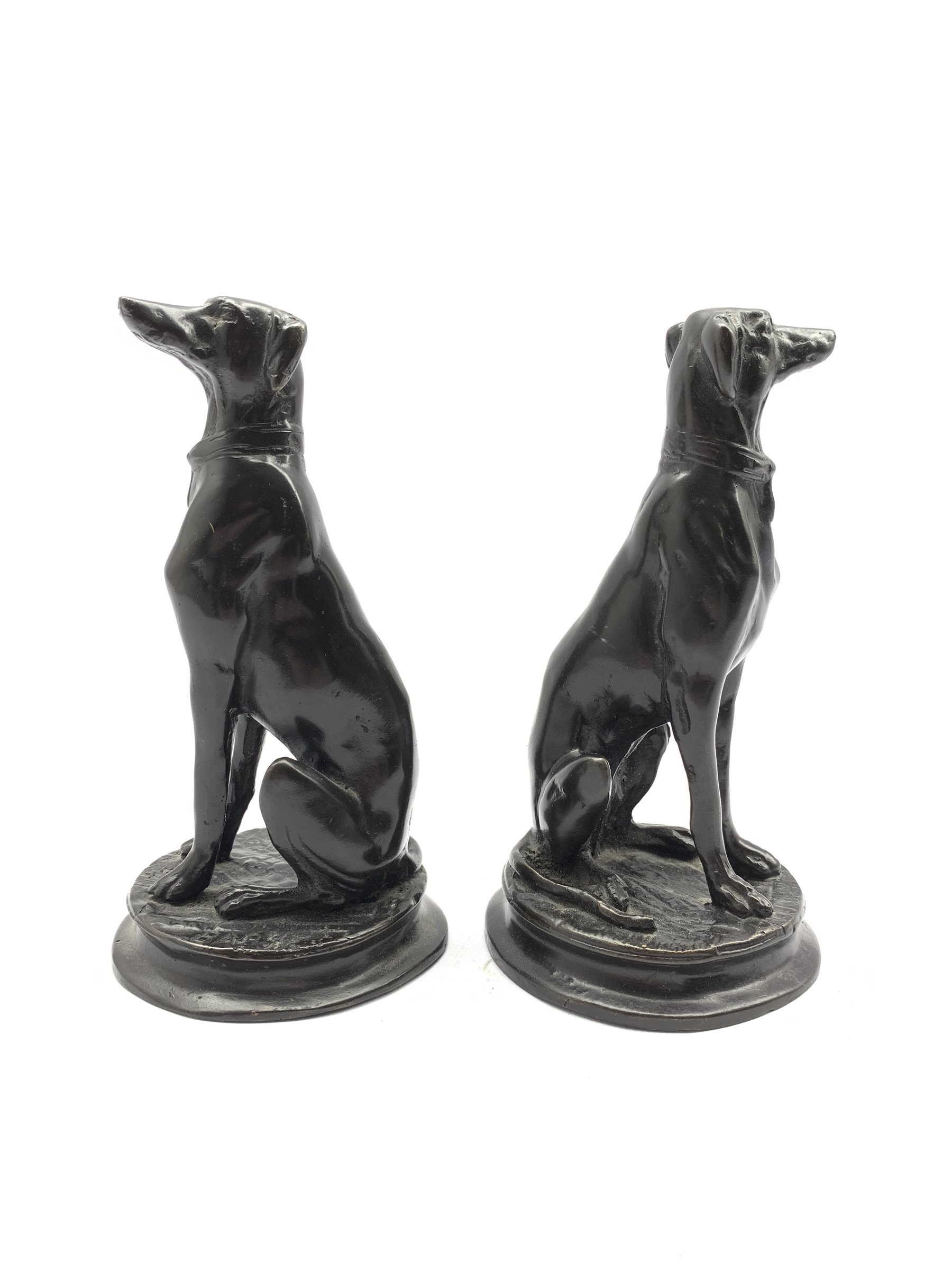Pair of bronze studies of seated greyhounds after Antoine-Louis Barye on circular bases H17cm - Image 2 of 9