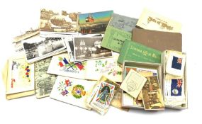 Six WWI silk postcards, collection of silk and other cigarette cards, post card booklets from Malta,