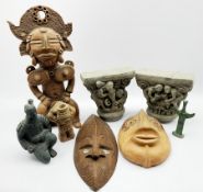 African carved wood panel 39cm x 101cm, pottery and wooden masks, small metal fertility figure etc