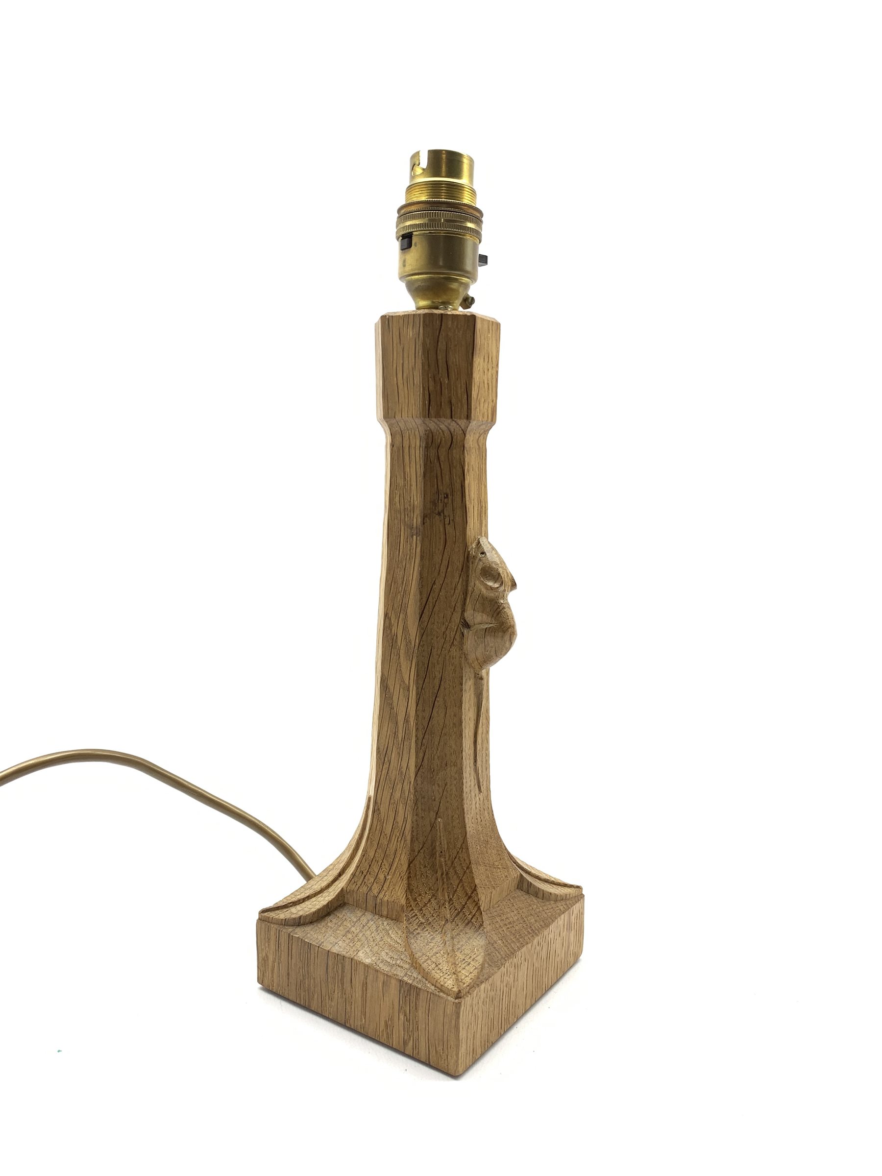 Thompson of Kilburn 'Mouseman' adzed oak table lamp with octagonal stem on a leaf carved square base - Image 2 of 5