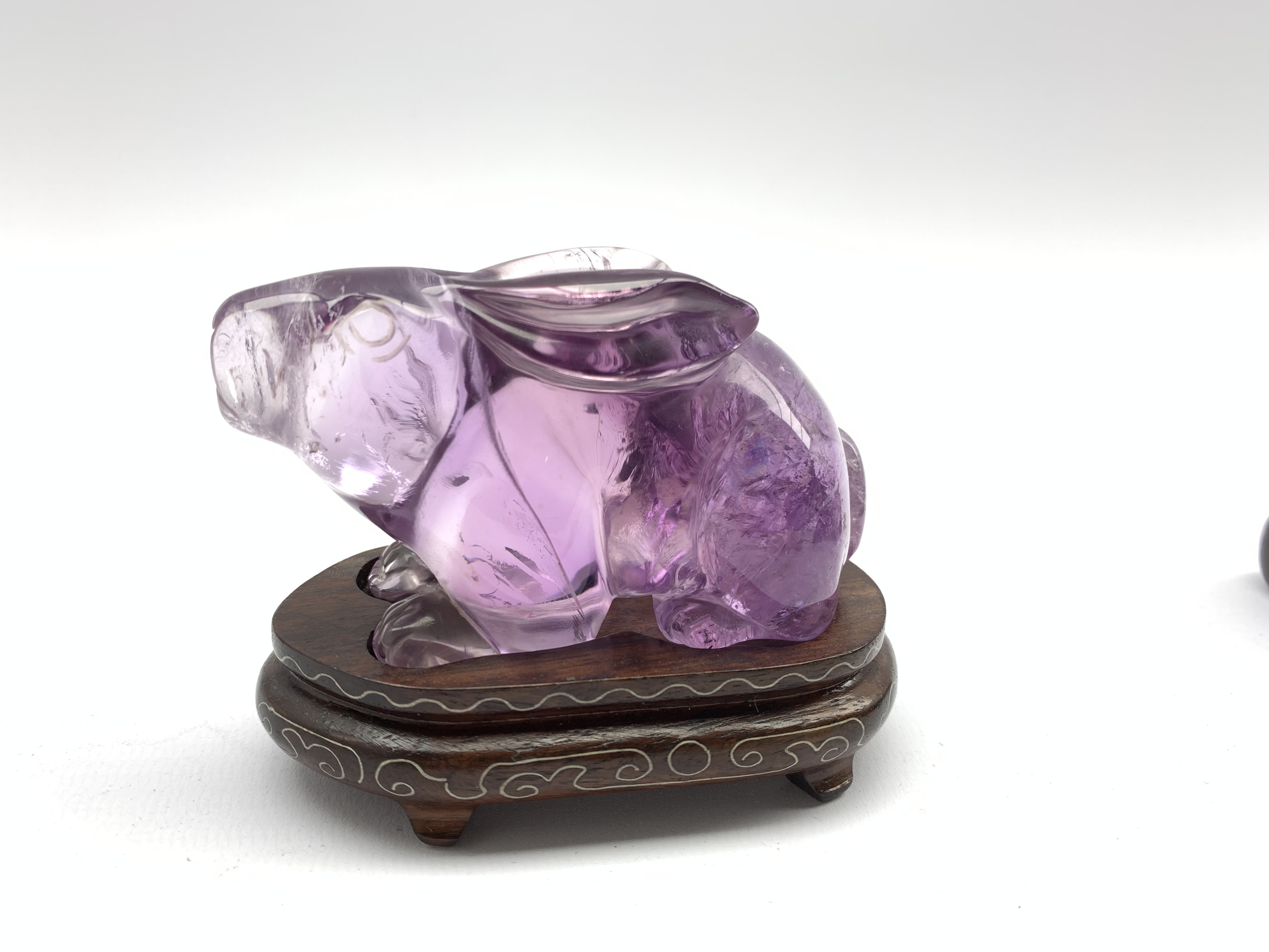 Oriental amethyst glass rabbit on a wooden stand W9cm and an early 20th century carved ivory figure - Image 11 of 11