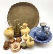 Moroccan earthenware blue and white ewer and basin, four terracotta jars, North African brass coffee