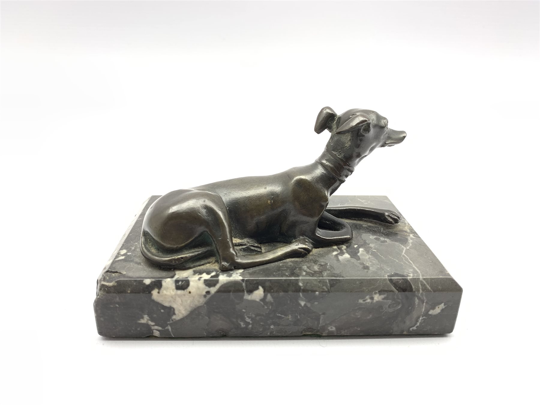 Desk paperweight in the form of a bronze recumbent greyhound on a veined grey marble base W13cm - Image 2 of 5