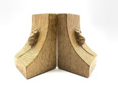 Pair of Thompson of Kilburn 'Mouseman' adzed oak bookends with carved mouse signature to each end H1