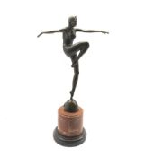 Art Deco design bronze figure of a dancer after J Philipp on cylindrical marble plinth H55cm