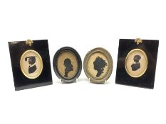 Pair of 19th century oval silhouette portraits 9cm x 6.5cm in ebonised frames and two other silhouet