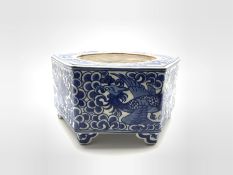 Chinese hexagonal ink stone decorated with Phoenix among scroll work in blue and white and with blue