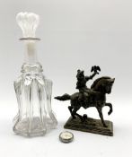Victorian Newcastle style moulded decanter, H32cm, a bronzed spelter model of a knight on horseback,