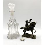 Victorian Newcastle style moulded decanter, H32cm, a bronzed spelter model of a knight on horseback,