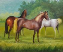 Peter J Bailey (British 1951-): 'Malvern Arabians', oil on canvas signed, titled signed and dated '0
