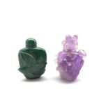Chinese amethyst snuff bottle, carved in high relief with children playing, H7cm together with a Mal
