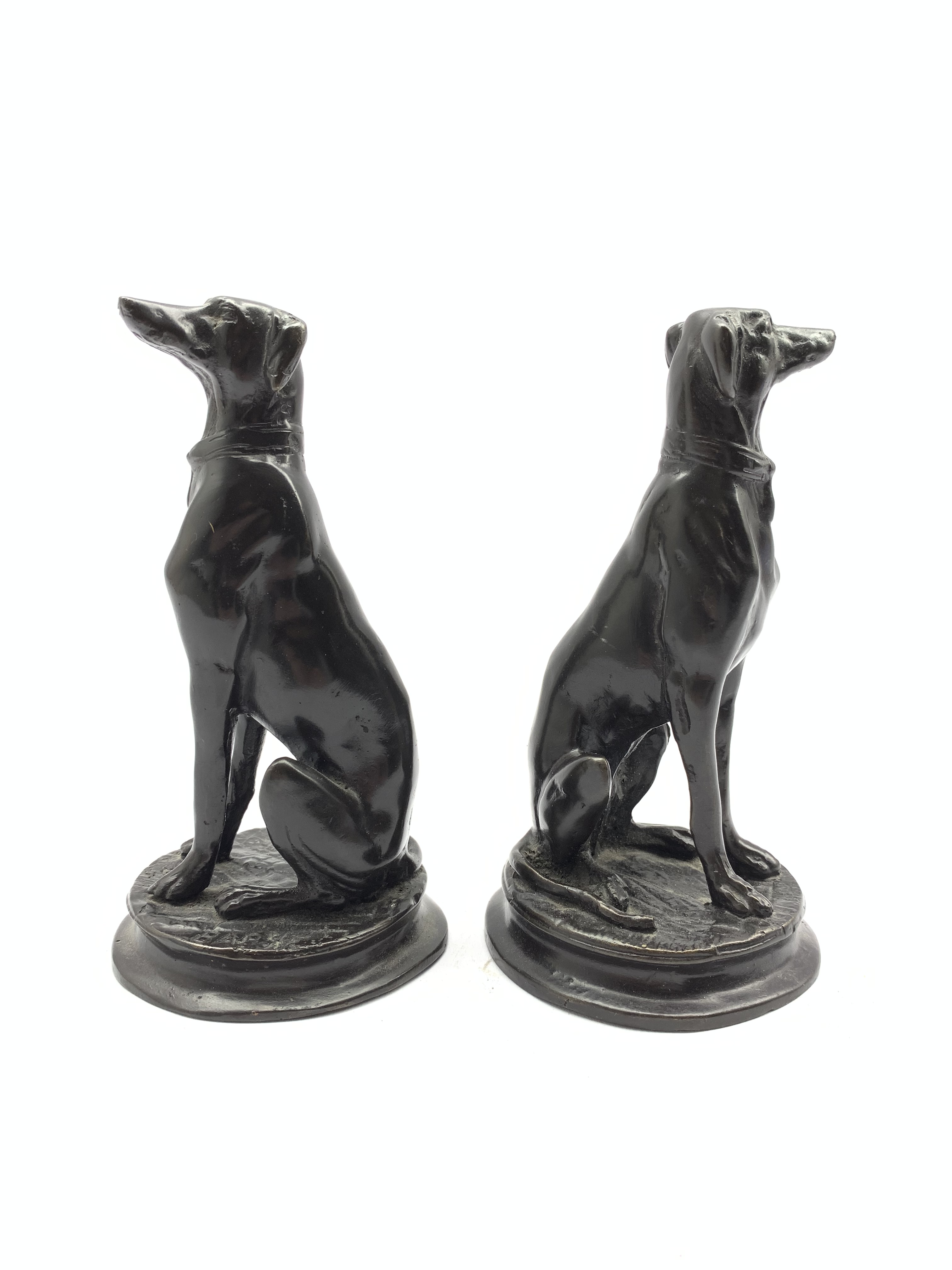 Pair of bronze studies of seated greyhounds after Antoine-Louis Barye on circular bases H17cm - Image 6 of 9
