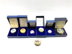 Five Halcyon Days enamel boxes including 'Wren' No. 32/500 and complete with farthing, 'Flowers in a