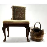 Victorian copper coal helmet with swing handle together with a Victorian stool and one other stool (