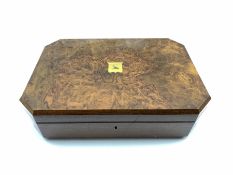 Late Victorian fitted walnut cutlery box with canted corners and burr top inset with central brass s