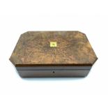 Late Victorian fitted walnut cutlery box with canted corners and burr top inset with central brass s