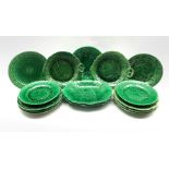 Pair of 19th century Wedgwood green glazed leaf moulded oval shallow dishes W28cm, pair of similar p