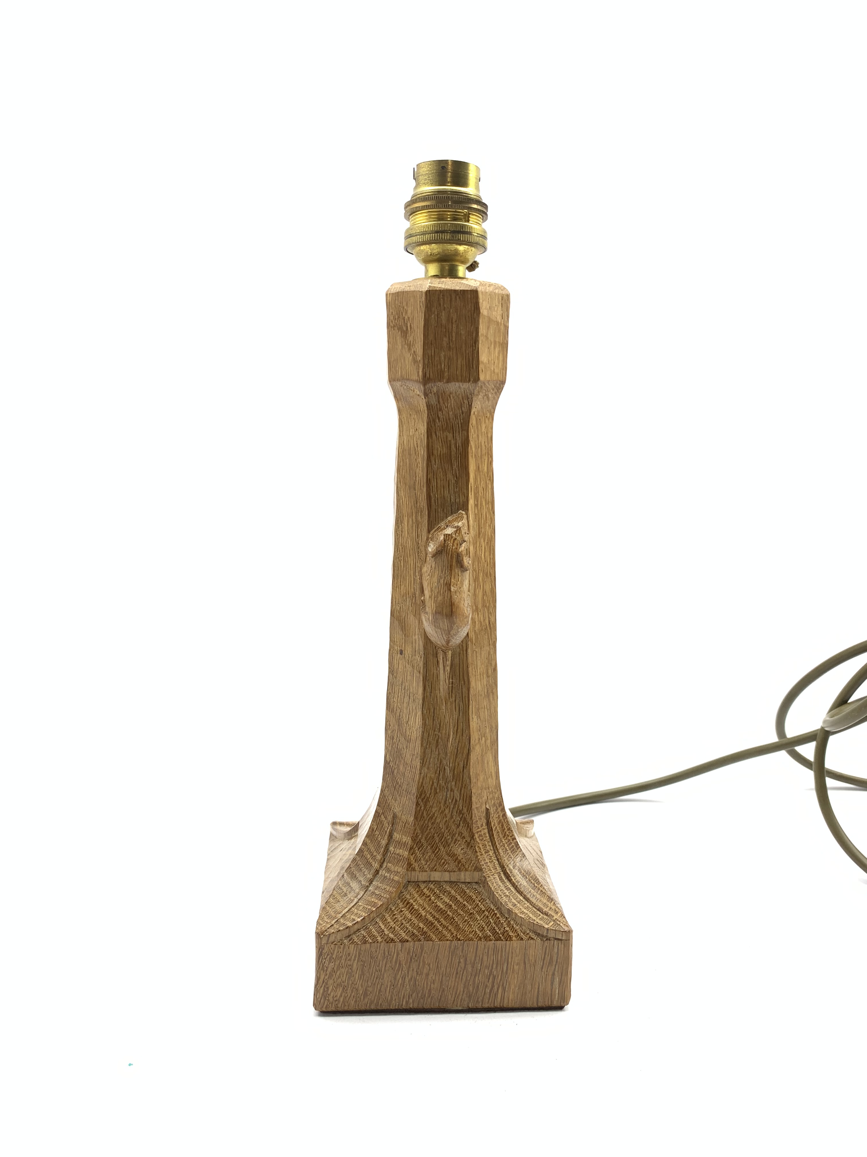 Thompson of Kilburn 'Mouseman' adzed oak table lamp with octagonal stem on a leaf carved square base - Image 4 of 5