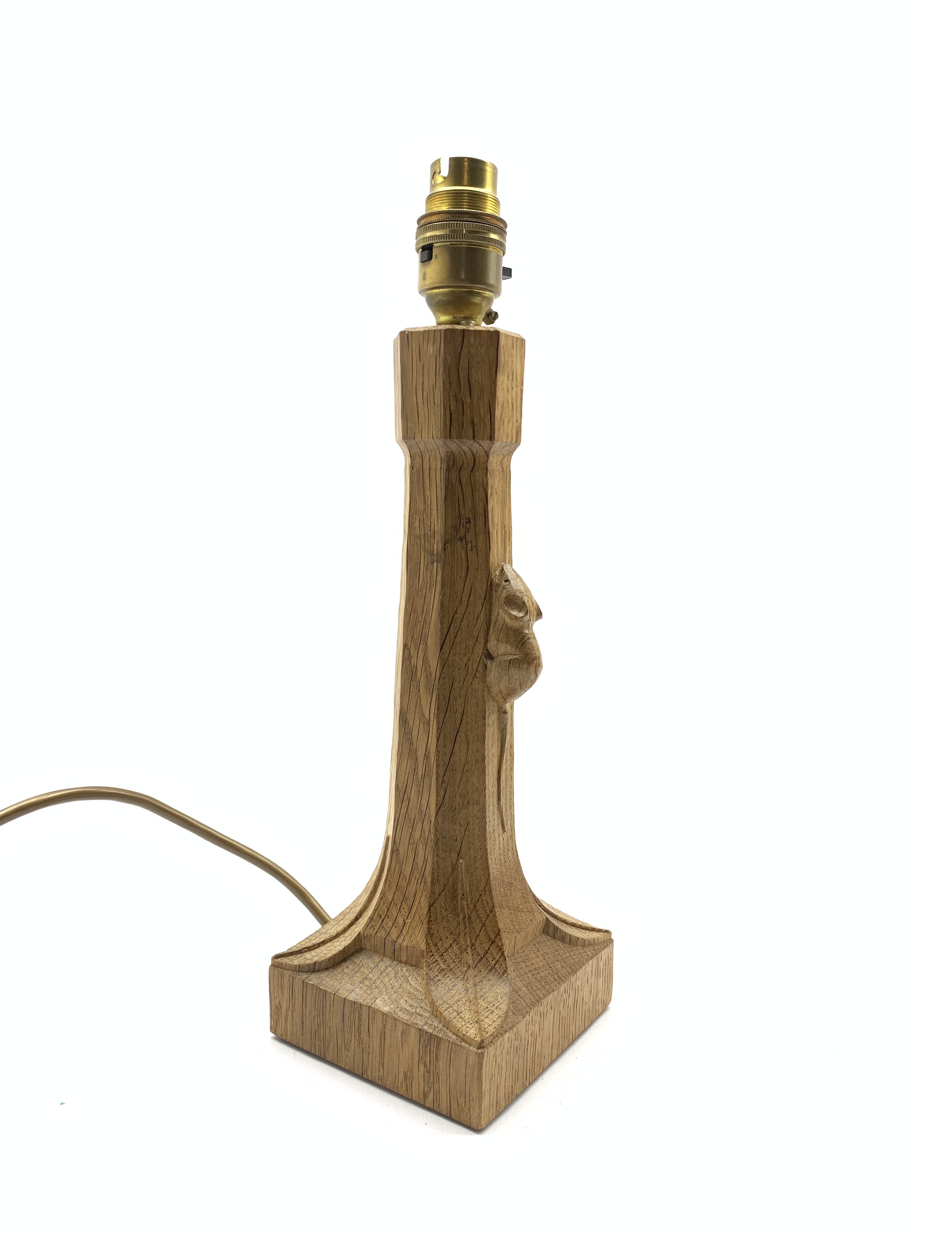 Thompson of Kilburn 'Mouseman' adzed oak table lamp with octagonal stem on a leaf carved square base - Image 4 of 5